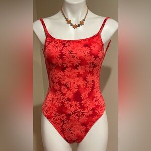 CHEROKEE  Floral Red Orange Print One-Piece Swimsuit Sz 8